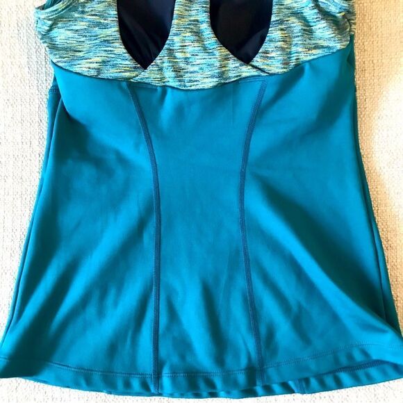 Prana Teal Green Mottled Print Keyhole Back Padded Workout Athletic Tank Top - Picture 6 of 10